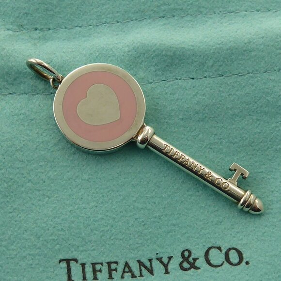 Tiffany & Co Sterling Silver Pink Enamel Heart Key Charm Pendant New York - Picture 1 of 8